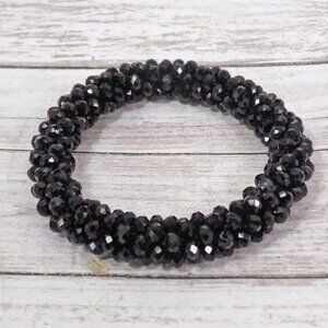 Black glass bead cluster stretch bracelet with all black small glass beads
